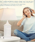 Coastal White Resin Table Lamps Set Of 2 With USB A To C Outlet Modern Nightstand Lamps For Living Room And Bedroom 3 Color Temperature Warm Neutral Cool Bulbs Included next to woman using headphones