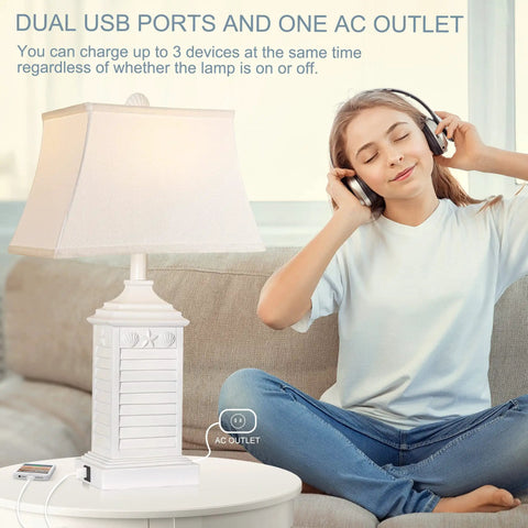 Coastal White Resin Table Lamps Set Of 2 With USB A To C Outlet Modern Nightstand Lamps For Living Room And Bedroom 3 Color Temperature Warm Neutral Cool Bulbs Included next to woman using headphones
