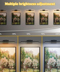 Slick Battery Operated Picture Light For Wall In Bold Black With Seamless RF Remote Control For Flawless Art Display And No Fuss Installation showing multiple brightness settings above art.