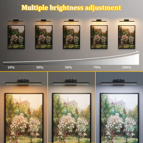 Slick Battery Operated Picture Light For Wall In Bold Black With Seamless RF Remote Control For Flawless Art Display And No Fuss Installation showing multiple brightness settings above art.