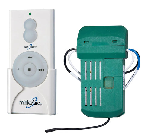 Handheld Ceiling Fan Remote Control System With Light Dimmer, Three Speeds, Easy On Off, wall holster, canopy receiver shown