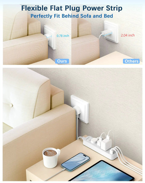 Flat plug 6 In 1 USB C Power Strip With 3 AC Outlets, 2 USB C Ports And 1 USB A Port behind couch and desk use, white.
