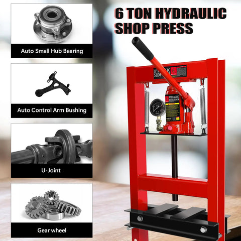 6 Ton Hydraulic Shop Press With H Frame Built Tough For The Garage Adjustable Height From 2.2 To 9.4 Inches Pressure Gauge Stamping Plates Bearings And U Joint Installations