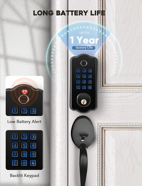 Keyless Front Door Lock Set With Handle, App Controlled Fingerprint Door Lock, 150 Codes Keyed Entry Smart Deadbolt, Auto Lock, Backlit