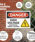 Danger High Voltage Electrical Shock Hazard Sign 10 By 14 Inches OSHA Metal Sign Made From 40 Mil Laminated Rustproof Aluminum on fence