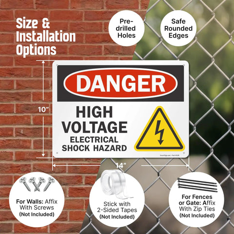 Danger High Voltage Electrical Shock Hazard Sign 10 By 14 Inches OSHA Metal Sign Made From 40 Mil Laminated Rustproof Aluminum on fence