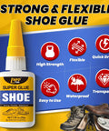 Heavy Duty Shoe Glue For Sole Repair And Reattachment On Sneakers Boots Heels Waterproof All Purpose Instant Cyanoacrylate Adhesive For Leather And Rubber Bottom Soles Handbags Flexible Quick Dry bottle with features and shoe images