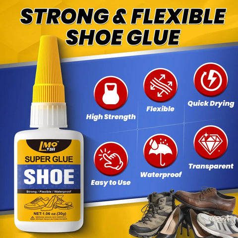 Heavy Duty Shoe Glue For Sole Repair And Reattachment On Sneakers Boots Heels Waterproof All Purpose Instant Cyanoacrylate Adhesive For Leather And Rubber Bottom Soles Handbags Flexible Quick Dry bottle with features and shoe images