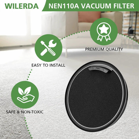 Replacement Vacuum Filter Kit with inlet frame for Whirlwind Bagless Canister Vacuum Cleaner Models NEN110A displayed on carpet.
