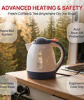 Kickback Ready 24V Car Kettle 1000ML Portable Electric Water Heater For Trucks RVs And Vans with rapid boil system on a wooden countertop.