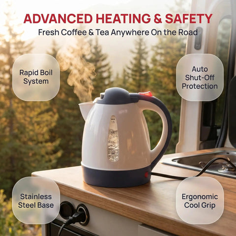 Kickback Ready 24V Car Kettle 1000ML Portable Electric Water Heater For Trucks RVs And Vans with rapid boil system on a wooden countertop.