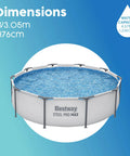 Premium Round Above Ground Swimming Pool 10 Foot Diameter 30 Inch Depth Steel Frame Build with blue water and dimensions shown