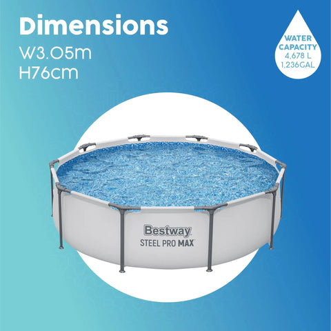 Premium Round Above Ground Swimming Pool 10 Foot Diameter 30 Inch Depth Steel Frame Build with blue water and dimensions shown