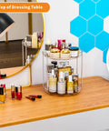 Two Tier Lazy Susan Turntable for Cabinets And Pantry 9.5 Inch Diameter with cosmetics on dressing table