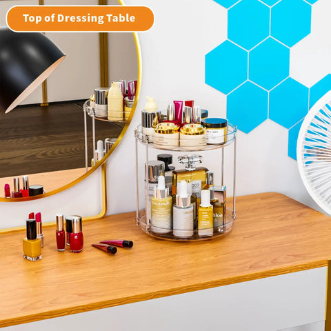 Two Tier Lazy Susan Turntable for Cabinets And Pantry 9.5 Inch Diameter with cosmetics on dressing table