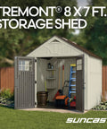 8x7 Ft Outdoor Storage Shed With Floor, Lockable Double Doors, Skylights, 378 Cu Ft Resin Weatherproof Garden Shed Open