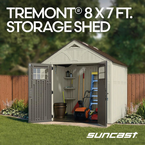 8x7 Ft Outdoor Storage Shed With Floor, Lockable Double Doors, Skylights, 378 Cu Ft Resin Weatherproof Garden Shed Open