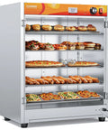 Top Shelf Heavy Duty Commercial Food Warmer Cabinet Featuring Spacious 133 Quart Five Tier Layout With Lightning Fast Nine Hundred Watt Rapid Heater Built Tough For Busy Kitchens And Caterers Who Need Reliable Hot Holding Performance Daily, displaying various food items.