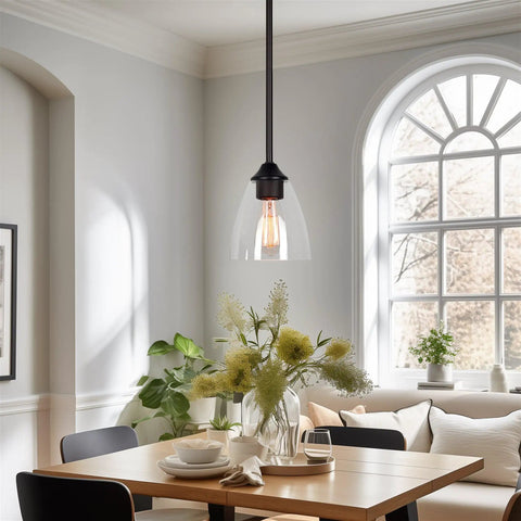 Clear Glass Lamp Shades 3-Pack Modern Cone Shape 6x5.75 Inch 1-5/8 Inch Fitter in a kitchen dining area fixture.