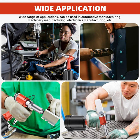 Heavy Duty Pneumatic Pop Rivet Gun And Air Riveter Tool For Fastener Assembly used in automotive repairs and metal fabrication.