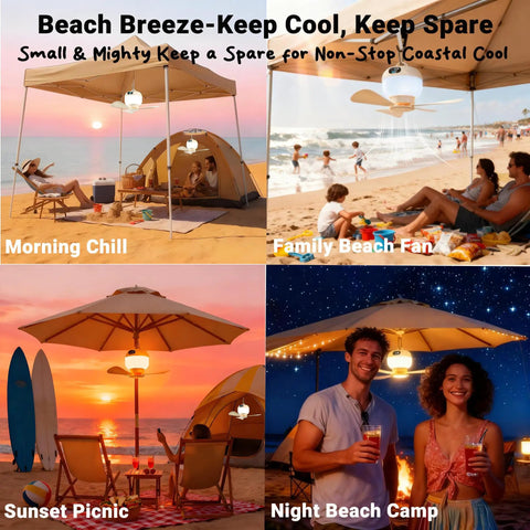 Portable Camping Fan With Light And Remote For Tents And Outdoors, showing fan in various settings like beach and picnic