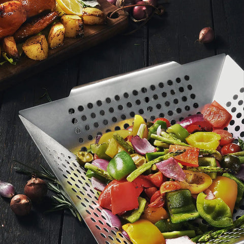 Stainless Steel Grill Basket For Indoor And Outdoor Use Large 12 By 12 By 2 Inch Veggie And Kabob Grilling Basket with vegetables