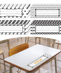 64 Piece Black And White Scribble Classroom Name Plates Set with Self Adhesive Desk Labels in 4 Styles on a School Desk