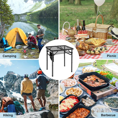Foldable Grill Table For Outdoors in camping, picnic, hiking, and barbecue settings. Lightweight aluminum, height adjustable, mesh top.