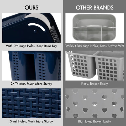 Comparison of Portable Shower Caddy Organizer With Handle And Three Compartments showing drainage holes for fast drying.