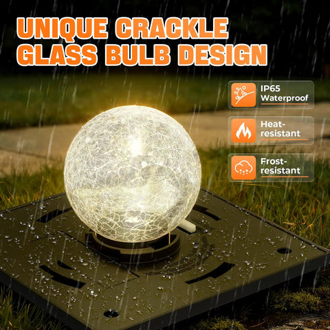 Crackle glass bulb of 12 Pack Solar Post Cap Lights For 4x4 Or 6x6 Wood Posts, IP65 waterproof, glowing in rain