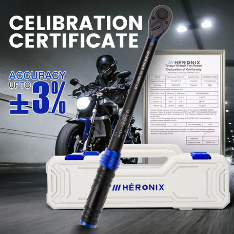 Half Inch Drive Click Torque Wrench With 10 To 180 Ft Lb Range, 72 Tooth Dual Direction Ratchet, displayed with case and calibration certificate