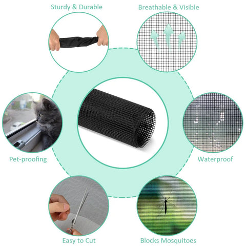 No Sweat DIY Trim To Fit Window Screen For Sliding Doors And Patios And Pet Proof Anti Mosquito Mesh showing black polypropylene mesh roll.