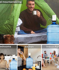 Image showing Portable USB Electric Water Bottle Pump For Travel, Home And Office, in various settings like tent, kitchen, party, with 5-gallon jug.
