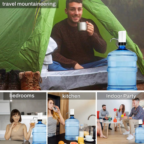 Image showing Portable USB Electric Water Bottle Pump For Travel, Home And Office, in various settings like tent, kitchen, party, with 5-gallon jug.