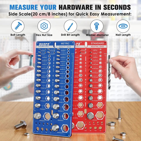 Hands using 82 Nut And Bolt Thread Checker Kit With Standard And Metric Gauges For The Garage Or Shop.