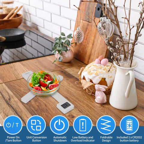 Foldable Digital Kitchen Scale For Home And Travel Portable Food Scale With LCD Display On The Go Weighing 5 Unit Conversions Easy Tare Compact Small Scale showing salad on wooden kitchen counter.