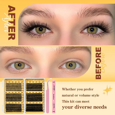 580 Piece Lash Clusters Kit For Natural DIY Eyelash Extensions Includes 30D 40D 50D 60D 80D 100D Clusters In 10 To 18 Mm Reusable For Beginners And Home Use Easy Lash Upgrade For Everyday Glam shown with before and after eyelash transformation.