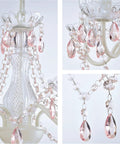 Close-up of a Plug-In 4-Light Pink and White Acrylic Crystal Chandelier for Girls Bedroom or Nursery, no hardwire needed.