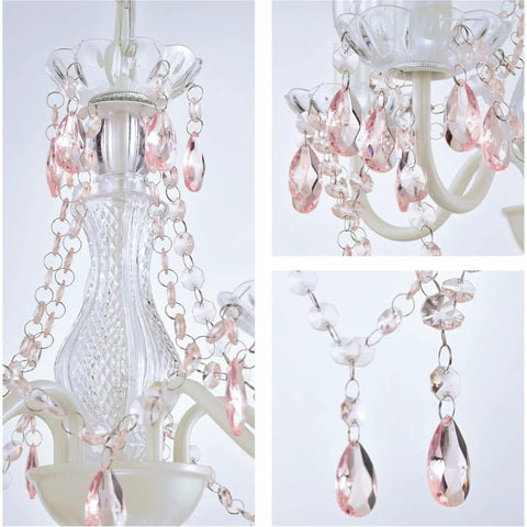 Close-up of a Plug-In 4-Light Pink and White Acrylic Crystal Chandelier for Girls Bedroom or Nursery, no hardwire needed.