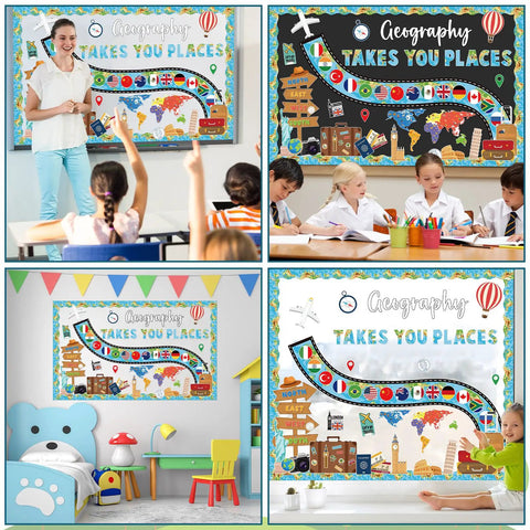 Geography Bulletin Board Set Must Have Adventure Travel Map Classroom Decor displayed in various educational settings with students.
