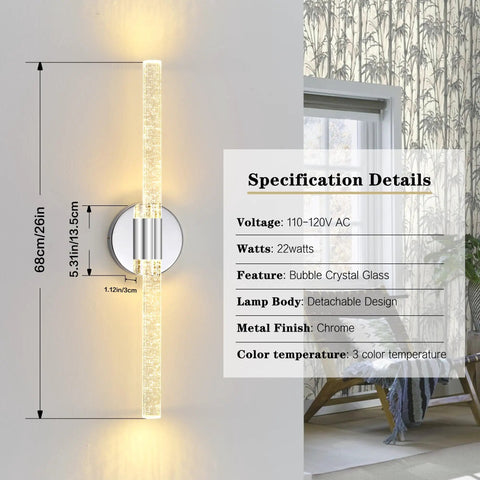 Gold Bubble Crystal Wall Sconce With LED Vanity Light shown with specifications and dimensions, chrome finish, cozy lit glow