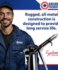 Worker with Typhoon Pro High Volume Blow Gun 1/4 Inch NPT with High Flow Tip for Heavy Duty Industrial Cleanup and Fast Blowoff 34 CFM at 125 PSI.