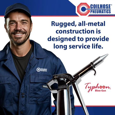 Worker with Typhoon Pro High Volume Blow Gun 1/4 Inch NPT with High Flow Tip for Heavy Duty Industrial Cleanup and Fast Blowoff 34 CFM at 125 PSI.