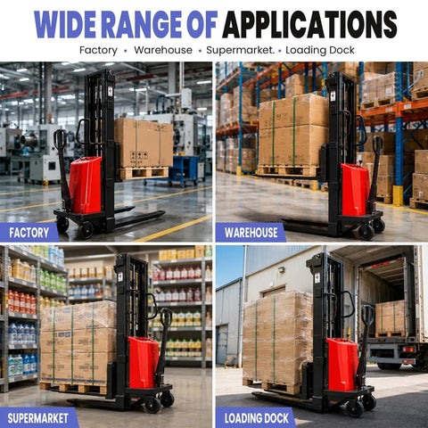 Heavy Duty Semi Electric Pallet Stacker Lift With Powerful 1.6KW Motor And Rock Solid 3300 Lbs Load Capacity in factory, warehouse, supermarket, loading dock.