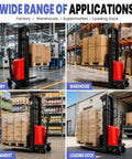 3300 Lbs Semi Electric Warehouse Pallet Stacker With Powerful 1.6KW Motor And Smooth 48V Battery System For Heavy Duty Material Handling Jobs Up To 95 Inches High in factory and warehouse settings.