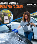 Foam Gun With Microfiber Wash Mitt Car Wash Kit for Garden Hose being used on a black car by a woman, creating soap bubbles.