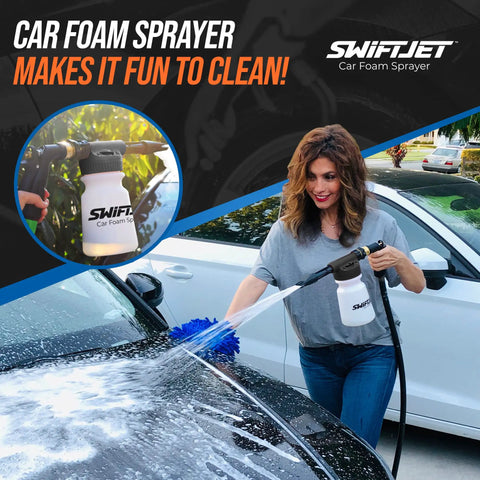 Foam Gun With Microfiber Wash Mitt Car Wash Kit for Garden Hose being used on a black car by a woman, creating soap bubbles.