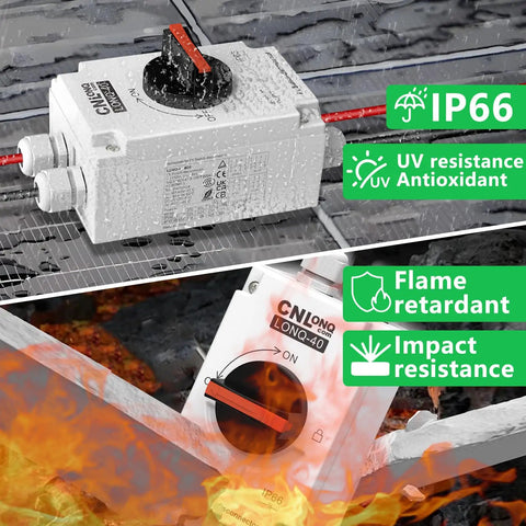 DC Isolator Switch 32A 1500V Four Pole Circuit Breaker with IP66, UV resistant, mounted on DIN rail in solar PV system