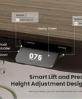 Close-up of Colamy 55x28 Inch Electric Standing Desk Dual Motor Sit Stand Workstation controls, height memory and display screen.