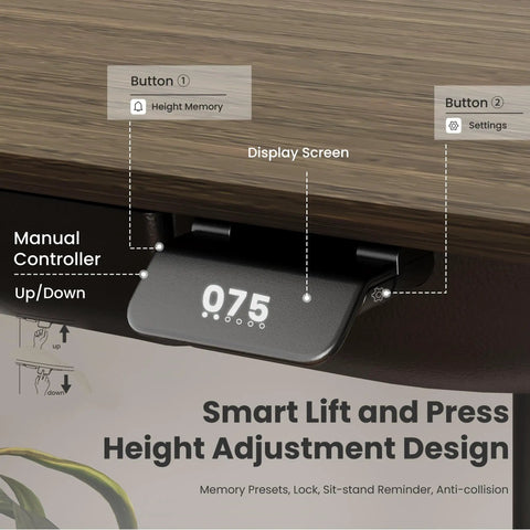 Close-up of Colamy 55x28 Inch Electric Standing Desk Dual Motor Sit Stand Workstation controls, height memory and display screen.